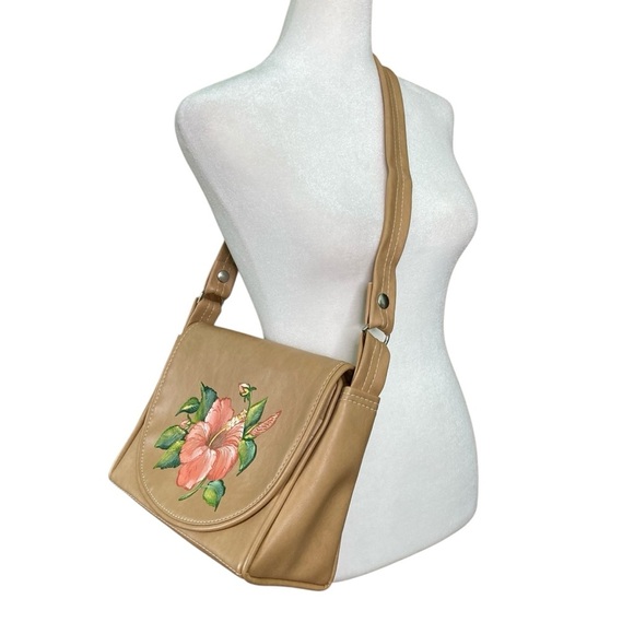 The Original Florida Keys Hand Bag Painted Hibiscus Flower Purse Tan Pink - Picture 2 of 13